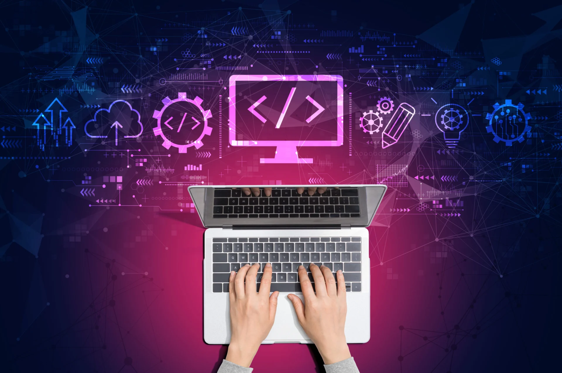 Hands typing on a laptop surrounded by digital technology icons